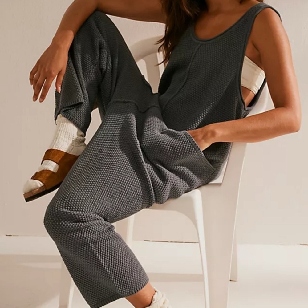 Free People Charcoal Gray Waffle Knit Jumpsuit